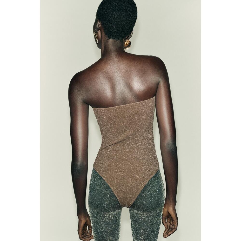 NWT ZARA Metallic Thread Bandeau Bodysuit Size Medium Gold - Picture 3 of 8